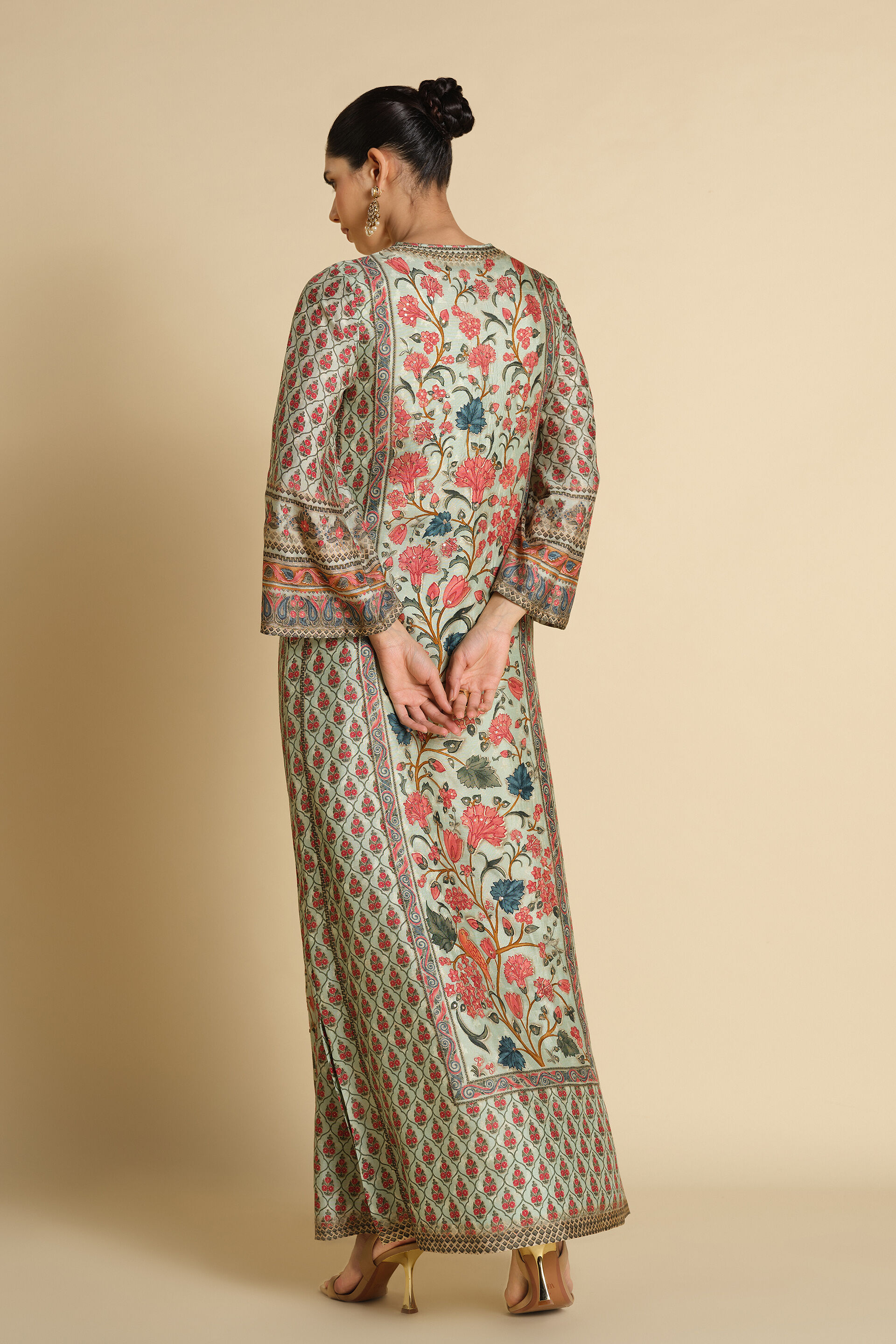 Azza Printed Silk Kaftan - Sage